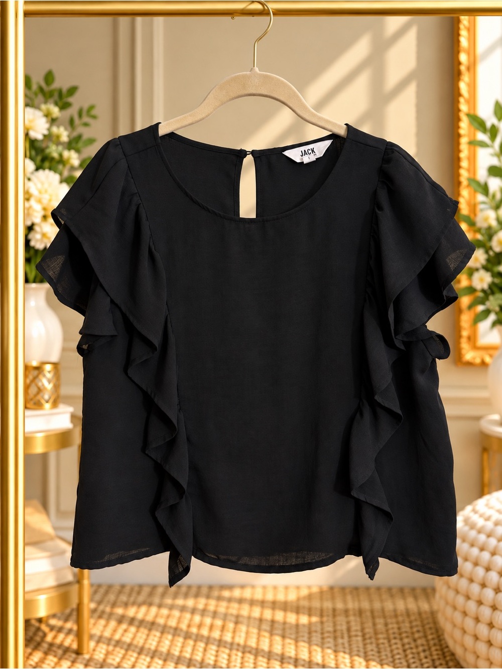 JACK by BB Dakota Black Ruffle Sleeve Blouse Top Size M